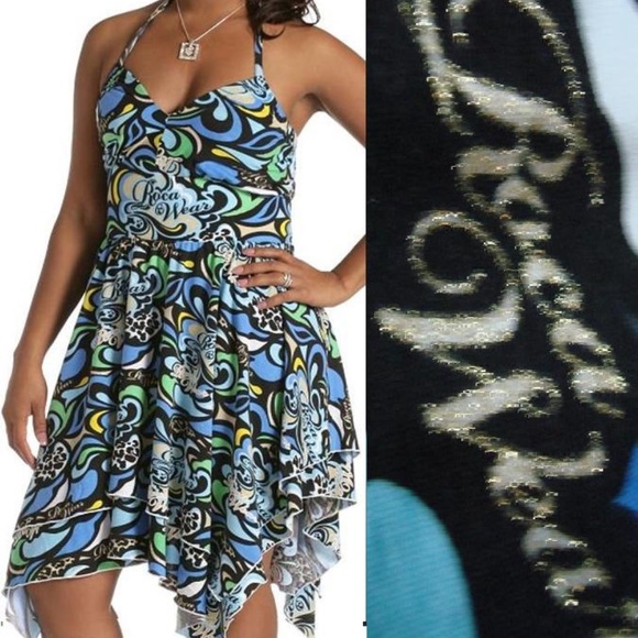 NEW Rocawear Y2K Colorful Blue Print Sexy Ruffle Dress sz M - Picture 1 of 15